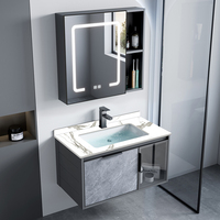 Meuble-lavabo gris foncé en aluminium laqué, résistant à l'eau, facile à nettoyer, avec dessus en pierre frittée noire et porte coulissante transparente