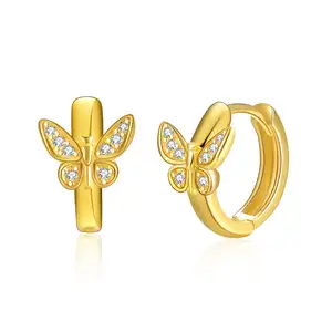 Bijoux fins élégant véritable 925 en argent sterling 14k plaqué or papillon Mini boucles d'oreilles créoles