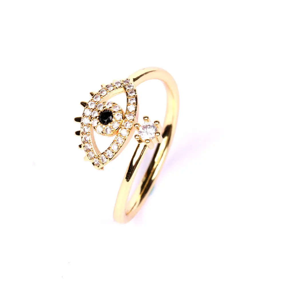 Amor Hip Hop Fashion Ladies Heart Simple Gold Pated Ring Evil Eye Plain Big Gemstone Full Zircon Open Adjustable Men Rings