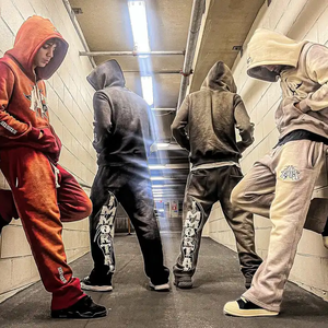 カスタムストリートウェアスウェットスーツフレアジョガーセットヒップポップスウェットパンツとビンテージ酸ウォッシュジップアップパーカーセット男性用 - Product Image 4