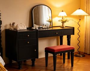 Premium Detachable Black Makeup <b>Vanity</b> Desk Set With Arched <b>Mirror</b> & Red Velvet Stool For Bedroom - Product Image 3