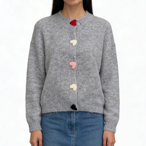 เสื้อคาร์ดิแกนถักขนฟูติดกระดุมรูปหัวใจสำหรับผู้หญิง - เสื้อสเวตเตอร์คอกลมแขนยาวทรงหลวมแฟชั่น - Product Image 5