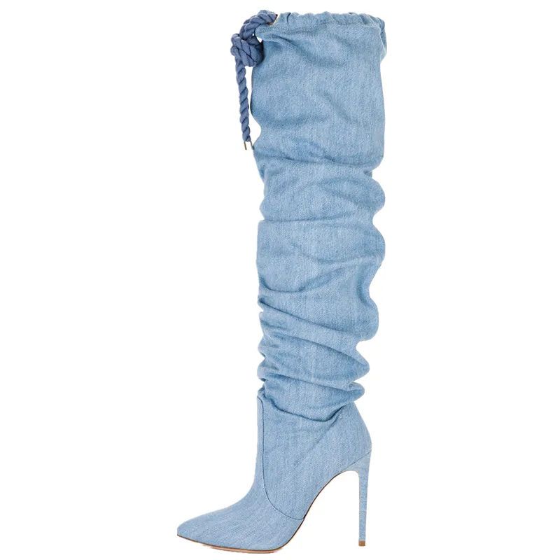 Winter fashion asymmetric design mature blue high heel women thigh high boots