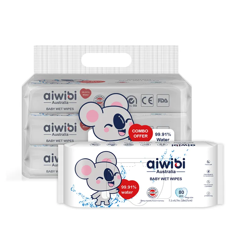 Aiwibi Hot Sell Einweg 99,91% Reinwasser Spunlace Stoff Nass gewebe Sanfte haut freundliche Baby Feucht tücher 80St