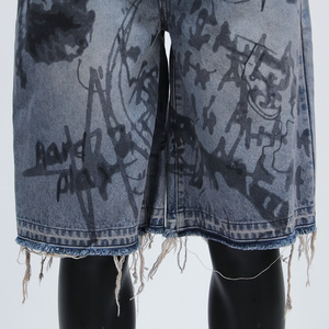 Spray Paint Design Vintage Washed Blue Streetwear Baggy Jean Jorts Graffiti Print Denim <strong>Shorts</strong> with Frayed Hem - Product Image 3