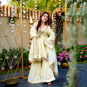 Conjunto de Salwar Kameez con borde de espejo color marfil para mujer, traje étnico indio pakistaní para bodas y fiestas. - Product Image 1