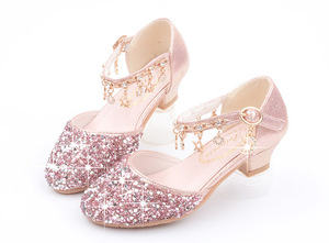 Vendita calda principessa per bambini alla moda per fiori Casual Glitter per bambini tacco alto scarpe con paillettes rosa dorato Sier - Product Image 3