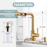 Robinet de cuisine cascade avec distributeur de savon et pulvérisateur à tirette, mitigeur de cuisine en or moderne robinet d'eau de cuisine extractible