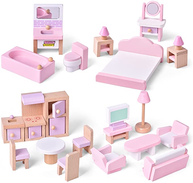 Pink Wooden Doll House Furniture