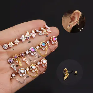 Clous d'oreilles à vis en acier inoxydable plaqué or, mini zircon cubique étoile fleurs, piercing boule