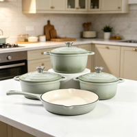 Ensemble de batterie de cuisine en fonte émaillée 4 pièces, compatible four, comprenant faitouts, poêle à frire et poêle grill, pour cuisinières à induction et à gaz