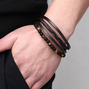 Men's Woven Tiger Eye Stone Magnetic Clasp <b>Bracelet</b> With Natural Stone And Pu <b>Leather</b> Vintage Style Jewelry Gift - Product Image 4