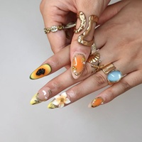 Ongles à presser en acrylique, motif fleur de papaye tropicale 3D, ligne dorée, perle, amande, options de logo personnalisables, certifiés CE, pour les vacances