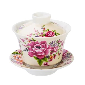 Tasse à thé en porcelaine céramique Shin Tai Yuan Peony Gongfu avec couvercle et plateau, pour la maison, le bureau ou comme cadeau. - Product Image 1
