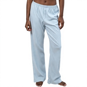 Pantalon large en coton Oxford rayé bleu clair pour femme, coupe décontractée, taille mi-haute élastique, longueur complète, respirant, idéal pour le printemps - Product Image 3