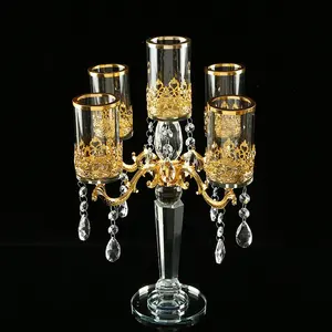 批发高品质廉价5臂水晶透明玻璃烛台烛台，用于餐桌婚礼中心