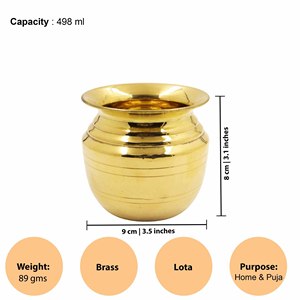 Lota Pequeña Premium de Latón para Pooja y Uso Ritual, Recipiente de Agua de Latón Puro de Gran Calibre, Kalash para Templo, Culto en el Hogar y Uso Diario - Product Image 2
