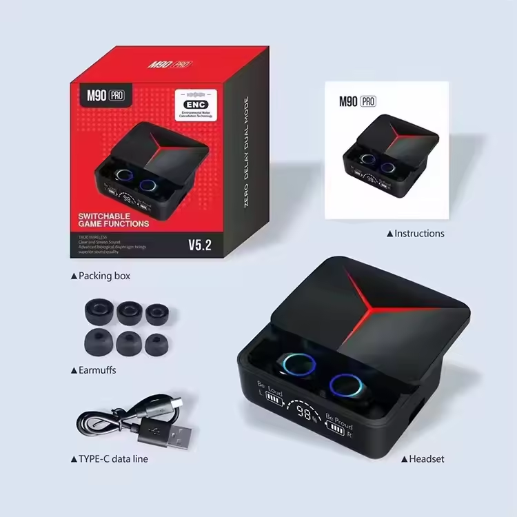 Wireless Earbuds, M90 PRO TWS Gaming Headphones, Noise Cancellation, Waterproof, Sports, Hands-Free, DJ Studio And Everyday Life (Originals