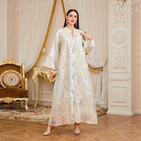 Abaya à motif feuille métallisée brillante avec fermeture éclair avant, manches larges, robe longue arabe de Dubaï pour dîner de fête et réunion de famille