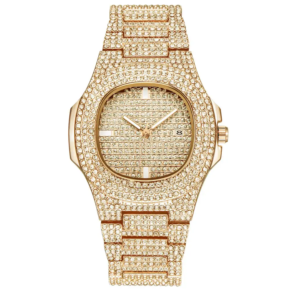 YW32-Reloj de pulsera para hombre, de lujo, con diamantes dorados, estilo Hip Hop, cuadrado, de cuarzo, resistente al agua