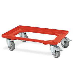 Plataforma Rodante para Contenedores Europeos de 600x400 mm, Plataforma Abierta, Color Rojo, 4 Ruedas Giratorias, 2 con Freno, Ruedas de Goma Grises - Product Image 1