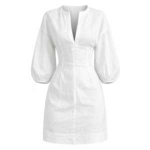 Abito Mini in Puro Lino Bianco Personalizzato per <span class=keywords><strong>Donna</strong></span> con Scollo a V e Maniche a Sbuffo Fornitore di Alta Qualità per <span class=keywords><strong>Abbigliamento</strong></span> Femminile - Product Image 4