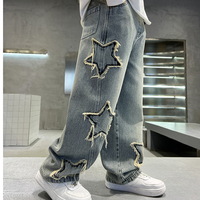 Jeans Ample Homme à Jambes Droites Coupe Large de Mode Automne, Denim Brodé Étoiles Colorées, Style Petit Ami Décontracté, Taille Haute Streetwear Été