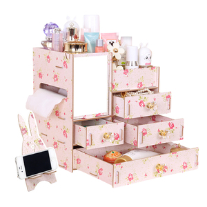 木製デスク化粧品メイクアップオーガナイザー/ジュエリー収納ボックスケースディスプレイ、引き出し3つ、ミラー付き - ピンク、ホワイト、木目調 - Product Image 4