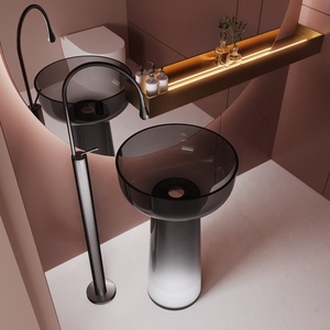 Nuevo Lavabo de Pedestal Transparente en Oferta, Lavabo de Resina Transparente, Lavabos Redondos Independientes de Color Naranja con Luces para Baño - Product Image 2