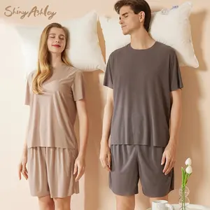 Sommer passendes Paar Zweiteiliger Langarm knopf Polyester Satin Eisse ide Pyjamas Familie Mans und Frauen Nachtwäsche Set