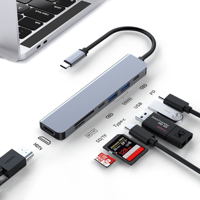 7 in 1 USB-C Hub Multiport Type-C Data Cable Kit for 2.0 PD Charging USB 3.1/2.0 Aluminum Alloy SD TF Card Reader Adapter Box