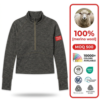 Pull zippé pour femme en 100 % laine mérinos de qualité supérieure avec trous pour les pouces, coupe courte, gris chiné, couche de base performante, SustainableTop