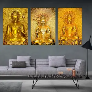 3 Bức Tranh Nghệ Thuật Tôn Giáo Phật Vàng Trên Bức Tranh Sơn Dầu Thắp Sáng Áp Phích Trang Trí Tường