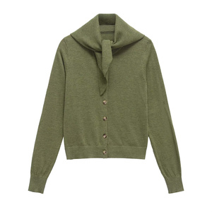 TAOP & ZA, chaqueta cárdigan de punto de un solo pecho Vintage para mujer 2024, bufanda fina de cuello nuevo, modelo decorado 2142165 - Product Image 1