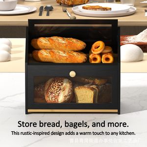 Boîte à pain à double couche en bois massif noir avec porte en verre pour la cuisine et la boulangerie - Product Image 5