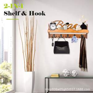 ราวแขวนเสื้อผ้าติดผนังไม้พร้อมตะขอและชั้นวางของสำหรับทางเข้าห้องนั่งเล่นห้องนอนที่จัดเก็บของได้ ทนทาน สีเรโทร - Product Image 3