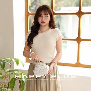 Haut tricoté à manches courtes Happy Plus abricot, T-shirt grande taille pour femme, style élégant pour le quotidien - Product Image 1