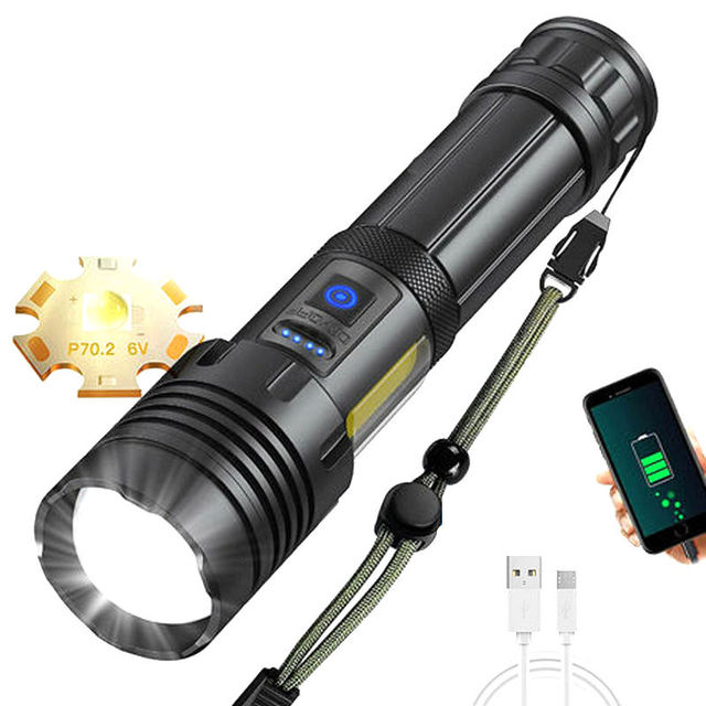 Tactical Flashlight XHP90 P70 XHP160 LED Super Bright 7 Modes  Zoomable Type-C USB 6000 Lumens COB Side Floodlight Torch Light