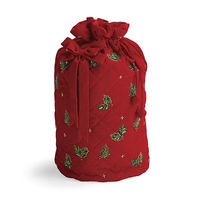 Sac de Noël matelassé motif houx et baies, rouge et vert, avec broderie et pompon vert, sacs du Père Noël rouges