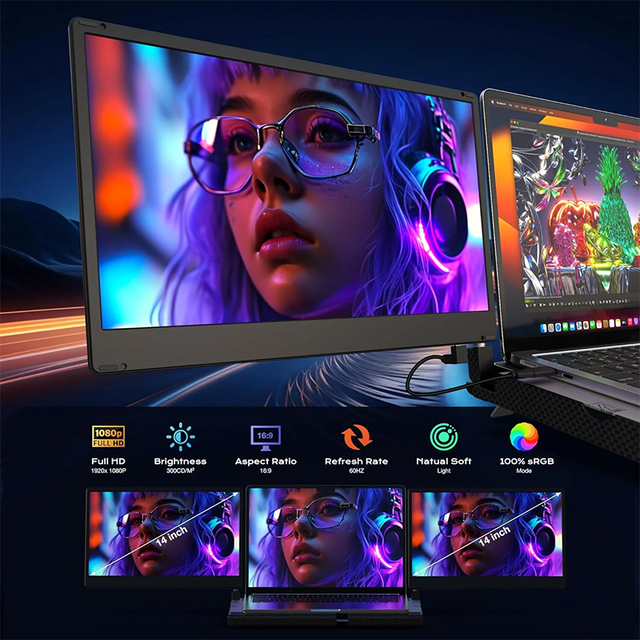 OEM 14 Inch Extended Portable Triple Monitor for Laptop Double Screen with IPS Panel Type C Interface for Business Use