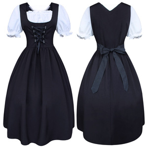Medieval Renaissance Style Women's Drawstring High Waist Fitted <b>Bow</b> Color Blocked Dress <b>With</b> Large Skirt - Product Image 1