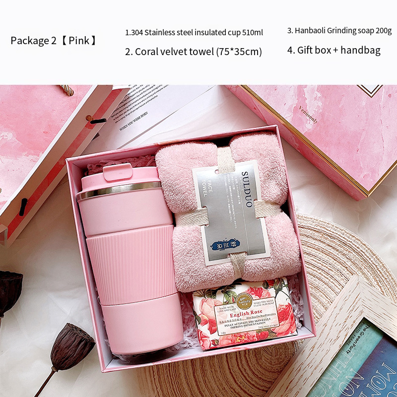 Thermos cup + towel + soap (pink)