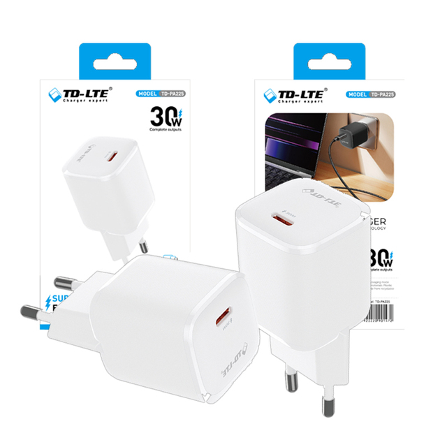 Compact Design 30W PD Fast Charging Fireproof Wall Adapter with Type-C Port for Mobile Phone Tablet Laptop Camera & Earphone