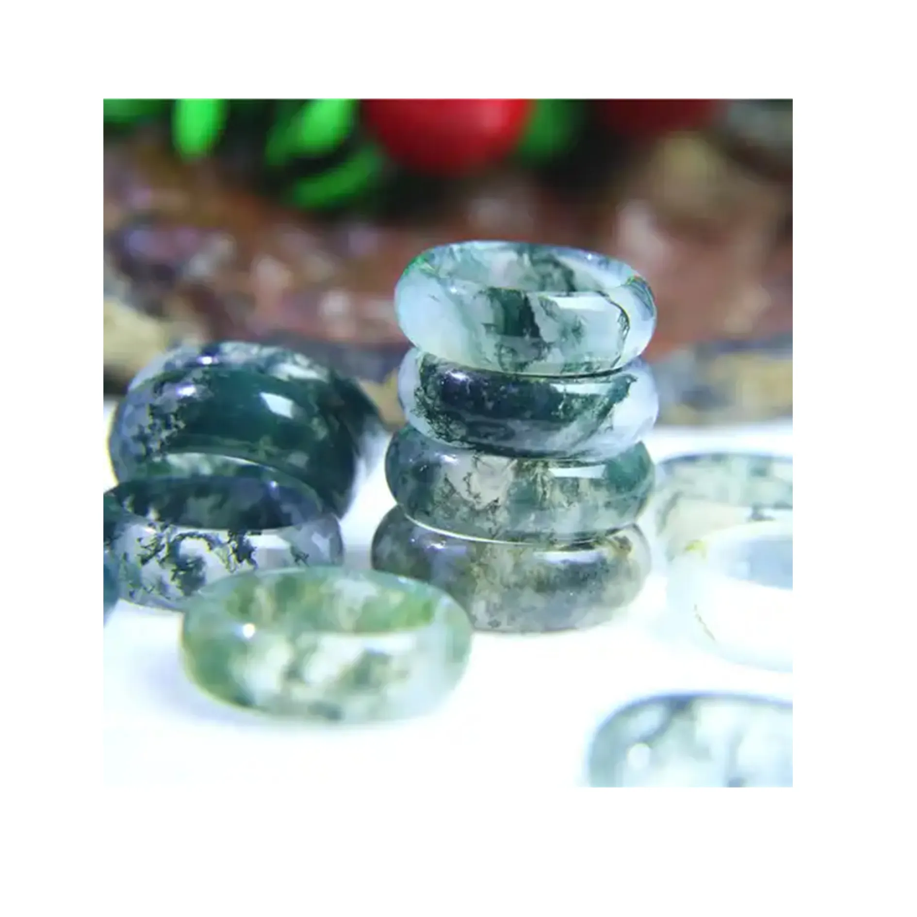 Cincin giok batu akik lumut hijau alami, cincin zamrud kristal hadiah untuk wanita dan pria, cincin batu akik Aqua