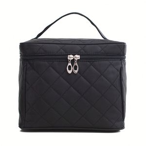 Black Nylon Quilted Cosmetic Bag <b>with</b> Built-in <b>Mirror</b>, Large Capacity Toiletry Organizer for Women - Product Image 1