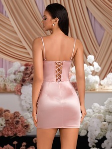 Robe de Soirée Rose de Luxe en Satin pour Femme, Bustier, Fendue Haute, Froncée, pour Bal, Fête, Mariage, Invitée, Tenue Formelle – Vente en Gros - Product Image 2