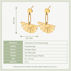 Boucles d'oreilles pendantes géométriques en acier inoxydable plaqué or 14 carats, motif éventail découpé - Product Image 2