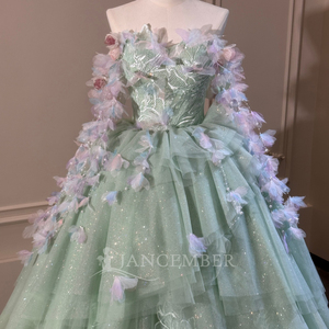 XS293 Glitter Mint Green <b>Ruffle</b> Evening Ball Gown <b>Dresses</b> With Sleeve - Product Image 5