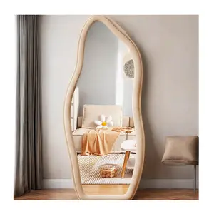 Hot Sale New Design Irregular Wavy Shape Velvet Flannel Long Wave Full Length Floor Standing Dressing Bedroom Wall Mirror Miroir