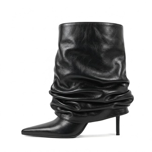 Botas sexys para mujer, botines de caña ancha con tacón de aguja y punta puntiaguda, de piel sintética, extensibles hasta la talla 45 - Product Image 1